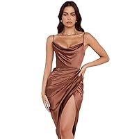 Luxury Unique Women Evening Elegant Dress Brown Halter Split Sexy Gown Party Dress