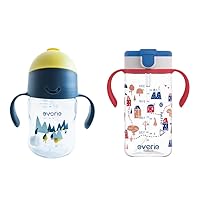 Evorie Tritan 7 Oz Weighted Straw Sippy Cup for Baby and 10 Oz Toddler Bottle with Straw and Removable Handles For School, 6 Months to 4 Year Old (Bumble Bee + Happy Valley)