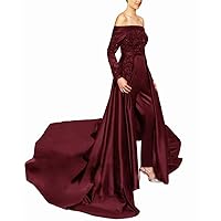 VeraQueen Women's Off Shoulder Jumpsuits Evening Dresses with Train Long Sleeves Beaded Prom Dress