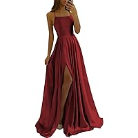 Women's Spaghetti Straps Prom Ball Gown with Pockets Long Bridesmaid Dresses with Slit Formal Dress YG114