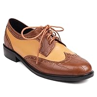 Women's Flat Lace Up Two Toned Oxford Shoes Wingtip Perforated School Uniform Saddle Oxfords Brogues