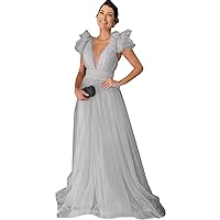 Tulle Prom Dress Sexy Long V-Neck Pleats Evening Gowns Open Back Women Wedding Masquerade Ball Gown