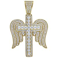 925 Sterling Silver Yellow tone Mens CZ Cubic Zirconia Simulated Diamond Cross With Angel Wings Religious Charm Pendant Necklace Jewelry for Men