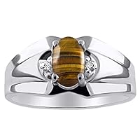 Rylos Tiger Eye & Diamond Ring Sterling Silver or Yellow Gold Plated Silver