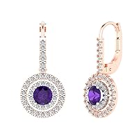 2.5 ct Round Cut Halo Solitaire Genuine Natural Purple Amethyst Pair of Lever back Drop Dangle Earrings 18K 2 tone Gold