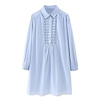 Women Turn Down Collar Hollow Out Embroidery Mini Shirt Dress Office Lady Chic Business Casual Vestidos