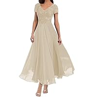 Short Sleeves Mother of The Bride Dress Tea Length V-Neck Chiffon Champagne Evening Dresses for Women 2023, US 10