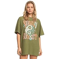 Roxy Sweet Janis II Oversized SS Tee GNG0 XS - Women's Fashion Casual Short Sleeve T-Shirt Cotton Shirts - Regular Fit - Lifestyle Beach Apparel