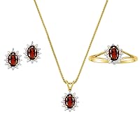Rylos Matching Jewelry For Women 14K Yellow Gold - January Birthstone- Ring, Earrings & Necklace - Garnet 6X4MM Color Stone Gemstone Jewelry For Women Gold Jewelry