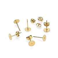 Adabele 50pcs Raw Brass Stud Earring Posts 6mm/0.24 Inch Flat Board Glue On Setting with Earnut Backs No Plated/Coated CX209-6