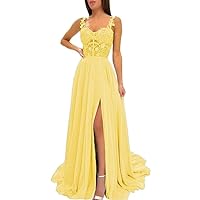 Women's Floral Applique Bridesmaid Dress Spaghetti Strap Chiffon Lace Long Formal Evening Party Gown with Slit