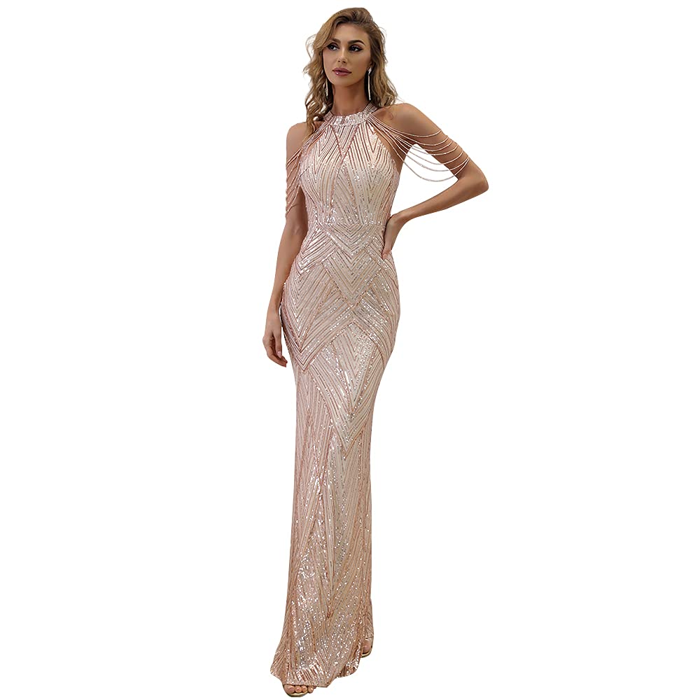 Miss ord Women's Formal Halter Sequin Tassel Bodycon Maxi Prom Dress, Elegant Mermaid Evening Gown