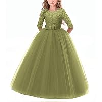 Girl's 3/4 Sleeve Long Pageant Ball Gowns A Line Lace Formal Dance Evening Gown