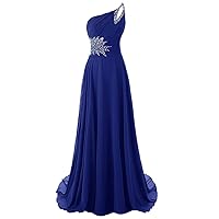 Women's One Shoulder Long Chiffon Beading Bridesmaid Prom Dresses