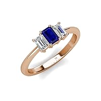 Emerald Cut (6x4 mm) Blue Sapphire and Lab Grown Diamond 1 3/8 ctw Three Stone Engagement Ring 14K Gold