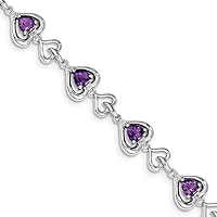 925 Sterling Silver Polished Lobster Claw Closure Diamond and Love Heart Link Amethyst Bracelet Measures 11mm Wide Jewelry for Women