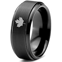 Canadian Maple Leaf Ring - Tungsten Band 8mm - Men - Women - 18k Rose Gold Step Bevel Edge - Yellow - Grey - Blue - Black - Brushed - Polished - Wedding - Gift Dome Flat