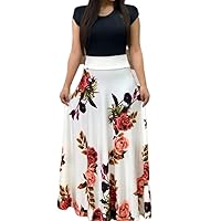 Women Short Sleeves Maxi Dresses Floral Printed Loose Plain Casual Long Dresses Patchwork with Pockets