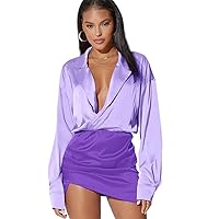 Dresses for Women - Colorblock Drop Shoulder Lapel Neck Dress (Color : Purple, Size : X-Small)