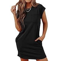 Tshirt Dress for Women 2023 Solid Casual Short Sleeve Summer Slim Fit Round Neck Dress with Chest Pockets