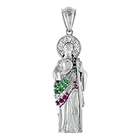 1-5 inch Sterling Silver Green White Red Cubic Zirconia St Jude Pendant for Men 3-D Rhodium Finish