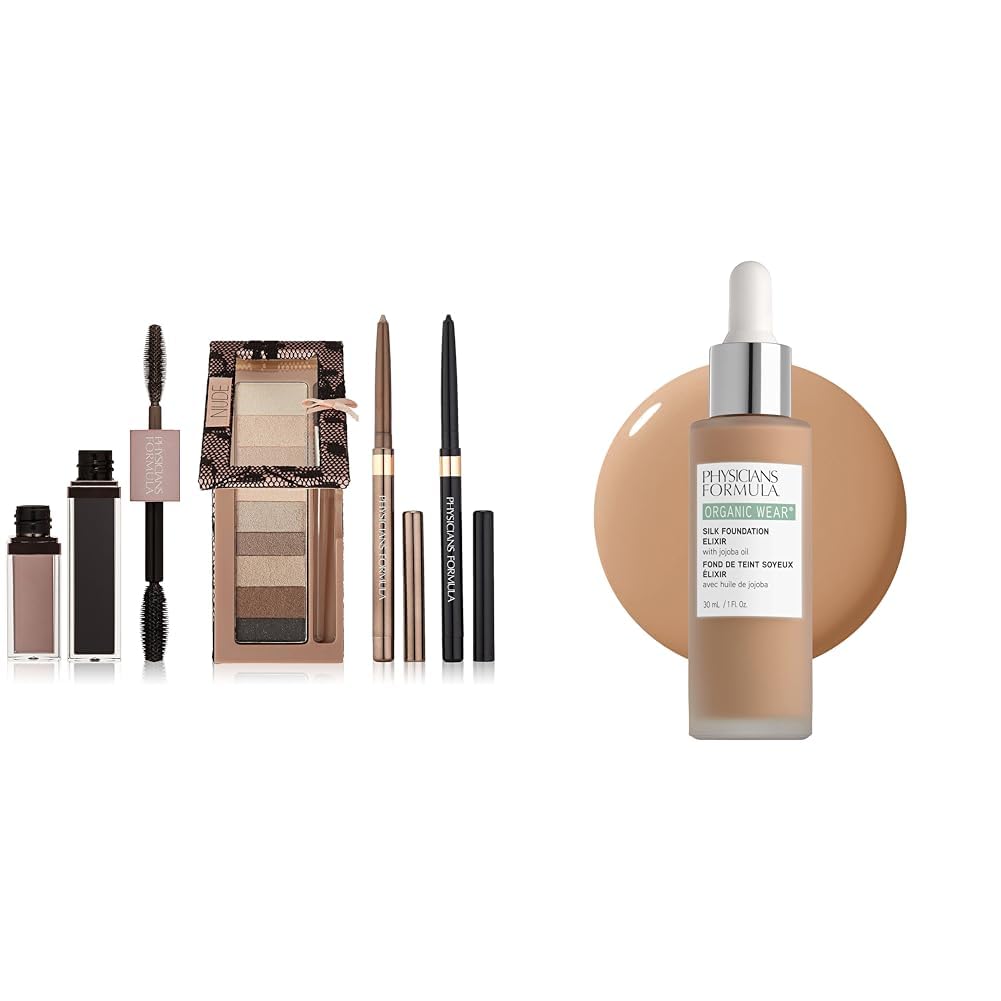 Physicians Formula Shimmer Strips Custom Eye Enhancing Kit with Eyeshadow & Organic Wear All Natural Liquid Foundation Elixir Light-to-Medium, Full Coverage | Dermatologist Tested, Clinicially Tested