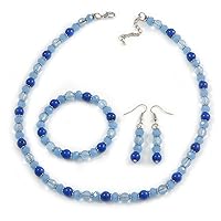 Avalaya Blue/Light Blue Glass/Ceramic Bead with Silver Tone Spacers Necklace/Earrings/Bracelet/Set - 48cm L/ 7cm Ext