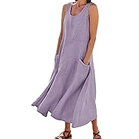 Womens Solid Color Round Neck Pockets Casual Long Dress Daily Tank Dress Dress for Women Elegant Plus Size Long