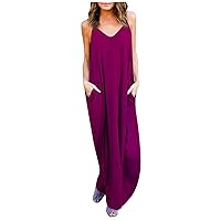 Women Spaghetti Strap Backless Dresses Summer Solid Color V-Neck Long Maxi Boho Beach Dress Vacation Party Dress with Pockets