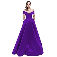 Women's Off Shoulder V-Neck Formal Prom Dress with Pockets Elegant Evening Gown