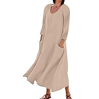 Summer Dresses for Women 2024 Cotton Linen 3/4 Sleeve Crewneck Plus Size Floral Flowy Casual Beach Dresses with Pockets