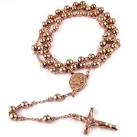 14k Rose Gold Finish Mens Rosary Chain Necklace Cross