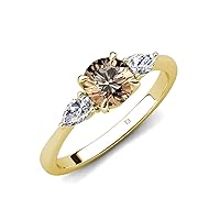 Round Smoky Quartz & Pear Shape Natural Diamond 1.40 ctw Women Three Stone Engagement Ring 14K Gold
