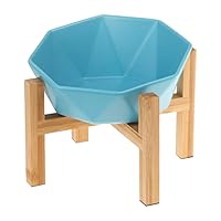 Blue with Stand Ceramic Tilted Elevated Raised Pet Bowl with Bamboo Stand for Cats and Dogs No Spill Pet Food Water Feeder