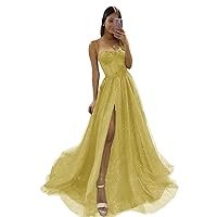 Maxianever Women's Yellow Tulle Prom Dresses Corset Bodycon Floor Length Glitter A Line Formal Evening Party Gowns with Slit US8