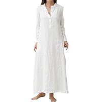 Women Kaftan Cotton Dress Stand Collar Ankle Long Sleeve Plain Casual Oversized Shirt Maxi Plus Size