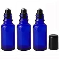 3PCS Empty Blue Glass Roll-on Bottles with Stainless Steel Roller Balls and Black Cap for Essential Oil Perfumes Lip Balms Attar Container size 30ml/1oz