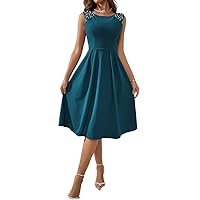 Dresses for Women - Solid Pearl Beaded -line Dress (Color : Teal Blue, Size : Large)