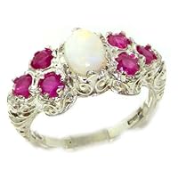 14k White Gold Natural Opal and Ruby Womens Cluster Ring - Sizes 4 to 12 Available