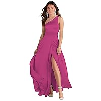One Shoulder Silk Satin Bridesmaid Dresses with High Slit Corset Flowy Gown Prom Dresses with Pockets Evening