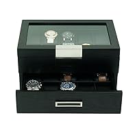 20 Black Ebony Wood Watch Extra Height Box Display Case 2 Level Storage Jewelry Organizer with Glass Top, Stainless Steel Accents, and 2 Drawers