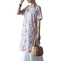 Women's Casual Loose Mandarin Collar Loose Dress Short Sleeve Cheongsam Printed Qipao Dresses Multicoloured