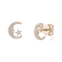14k Gold Diamond Crescent Moon and Star Stud Earrings (0.13ct)