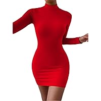 Women's Dress Dresses for Women Mock Neck Solid Bodycon Dress (Color : Red, Size : X-Small)