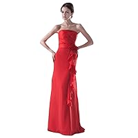 Red Strapless Chiffon Flower Long Bridesmaid Dress With Front Cascade