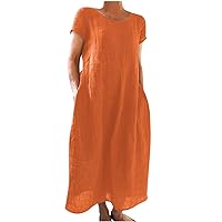 Women Summer Casual Cotton Linen Dresses Loose Short Sleeve Crew Neck Beach Dress Solid Comfy Maxi Dress with Pockets