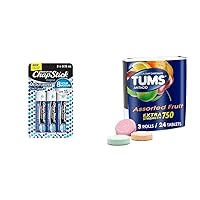 Moisturizer Original Lip Balm Tubes, 3 Count and TUMS Extra Strength Assorted Fruit Antacid Chewable Tablets, 3 rolls of 8ct
