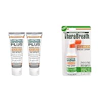TheraBreath Plus Fresh Breath Maximum Strength 24-Hour Toothpaste with Zinc, Xylitol and Aloe, 4 Ounce (Pack of 2) & Fresh Breath Professional Formula Throat Spray with Green Tea, 1 Ounce