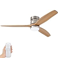 BOOMJOY 52” Low Profile Flush Mount Ceiling Fans with Lights and Remote Control DC Motor, Brushed Nickel Industrial Wood Ceiling Fan for Living room Bedroom Indoor Outdoor Farmhouse Patios Garage