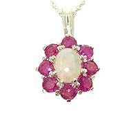Ladies Solid White 9ct Gold Ring, Ornate Natural Fiery Opal and Ruby Cluster Pendant Necklace